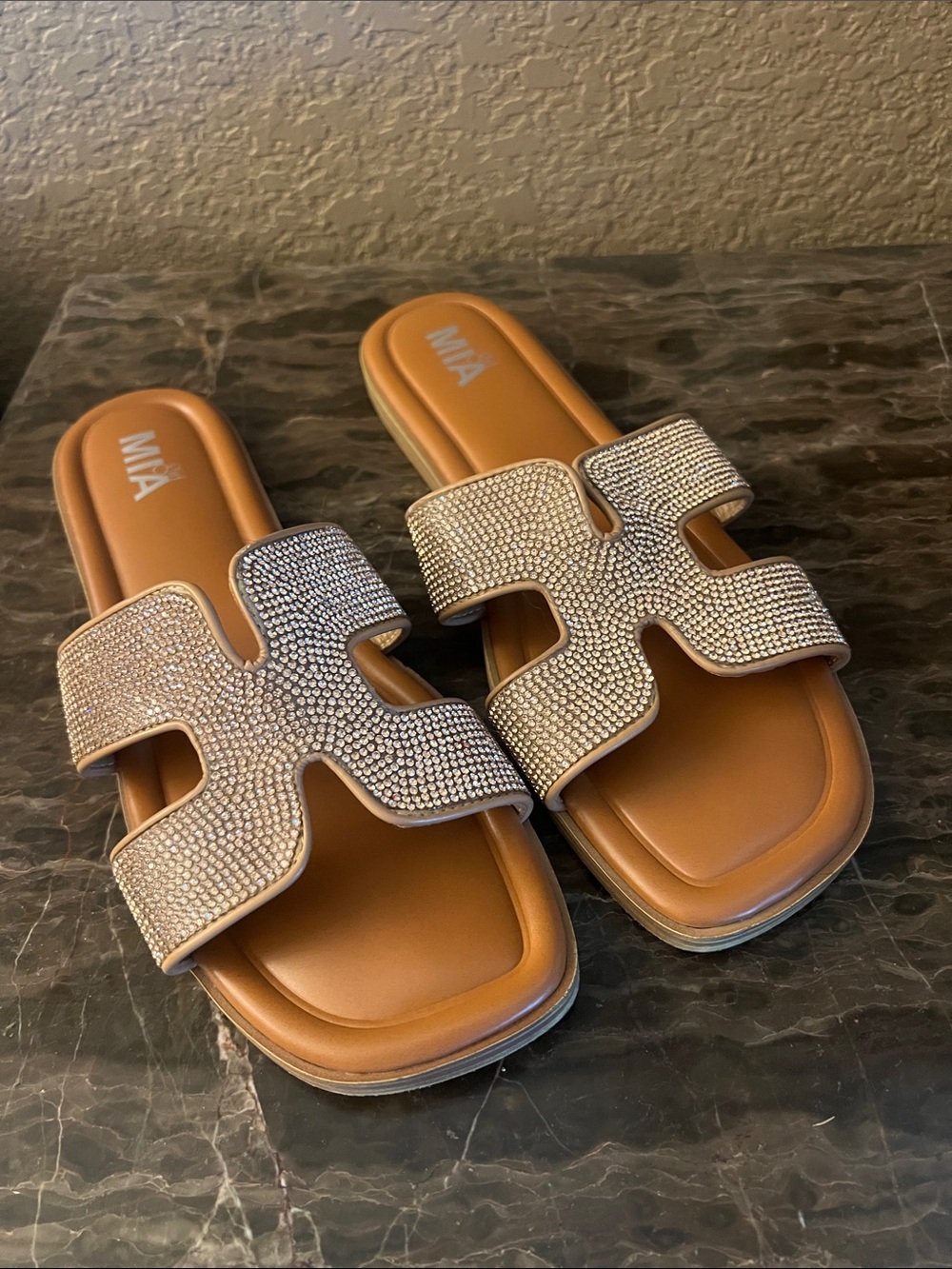 MIA Tan/Rose Gold Slide Sandals with Rhinestone-Embellished Strap